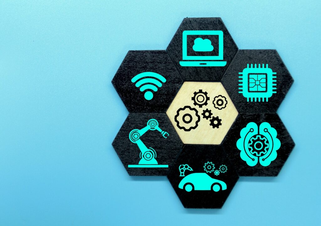 colored hexagons with technology items and the word Industry 4.0. Industry Infographics 4.0.